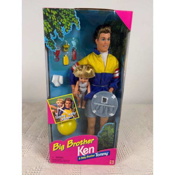 Big Brother Ken & Baby Brother Tommy doll set in its original window box packaging, featuring a blonde baby doll and an older blonde doll dressed in a yellow and blue athletic jacket. Big Brother Ken and Baby Brother Tommy Doll Set Vintage 1996 Mattel 17055 NIB