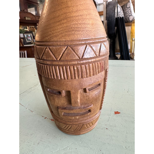 Hawaiian Hand Carved Monkey Pod Wood Vase with Tribal Face Design
