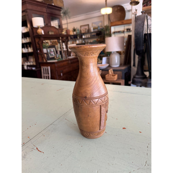 Hawaiian Hand Carved Monkey Pod Wood Vase with Tribal Face Design