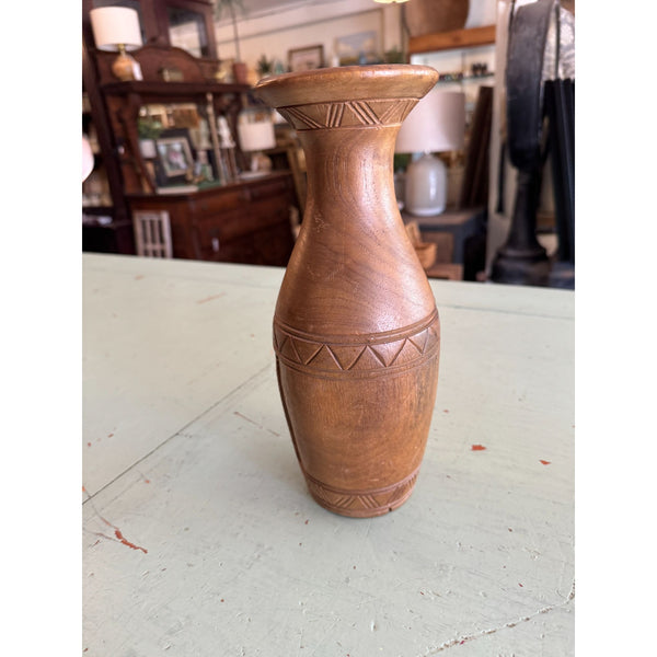 Hawaiian Hand Carved Monkey Pod Wood Vase with Tribal Face Design