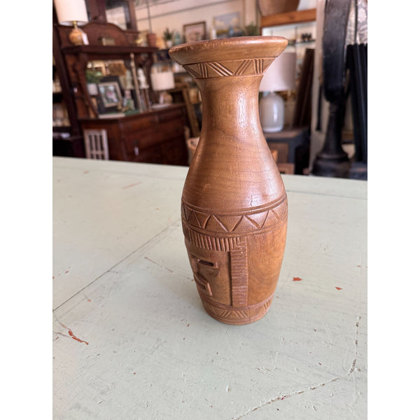 Hawaiian Hand Carved Monkey Pod Wood Vase with Tribal Face Design