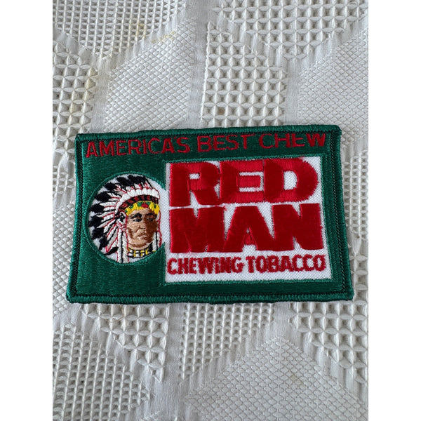 Red Man Chewing Tobacco Embroidered Patch Vintage 1970s Green and Red NOS