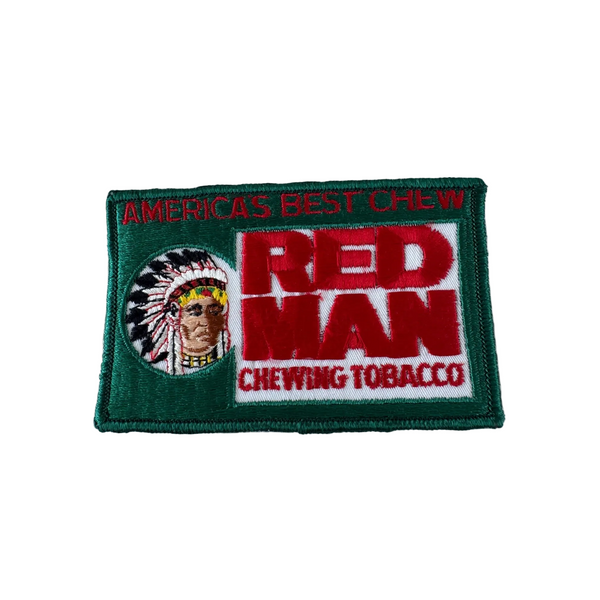 Red Man Chewing Tobacco Embroidered Patch Vintage 1970s Green and Red NOS