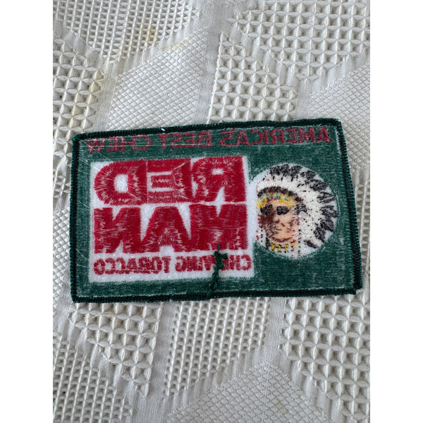 Red Man Chewing Tobacco Embroidered Patch Vintage 1970s Green and Red NOS