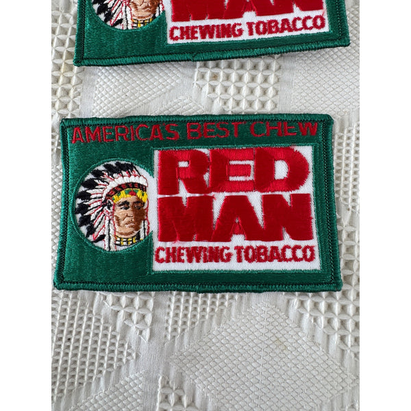 Red Man Chewing Tobacco Embroidered Patch Vintage 1970s Green and Red NOS