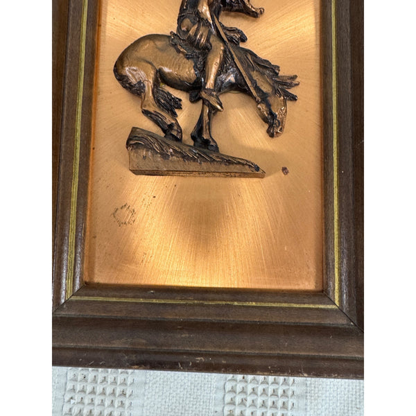 Native American Warrior Embossed Copper Wall Art With Wooden Frame Vintage 1970s