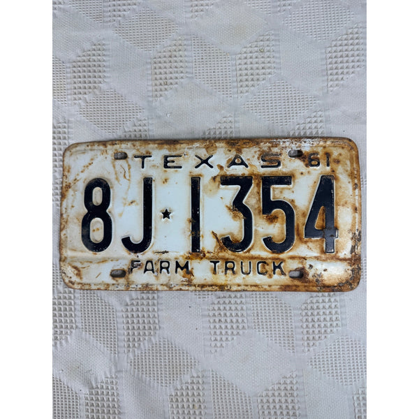 Vintage 1961 Texas Farm Truck License Plate 8J 1354 White Black Embossed Text