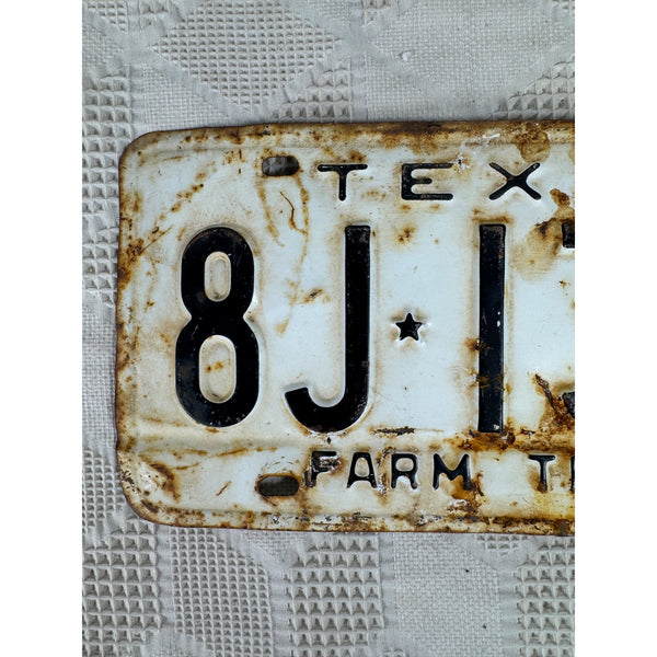 Vintage 1961 Texas Farm Truck License Plate 8J 1354 White Black Embossed Text