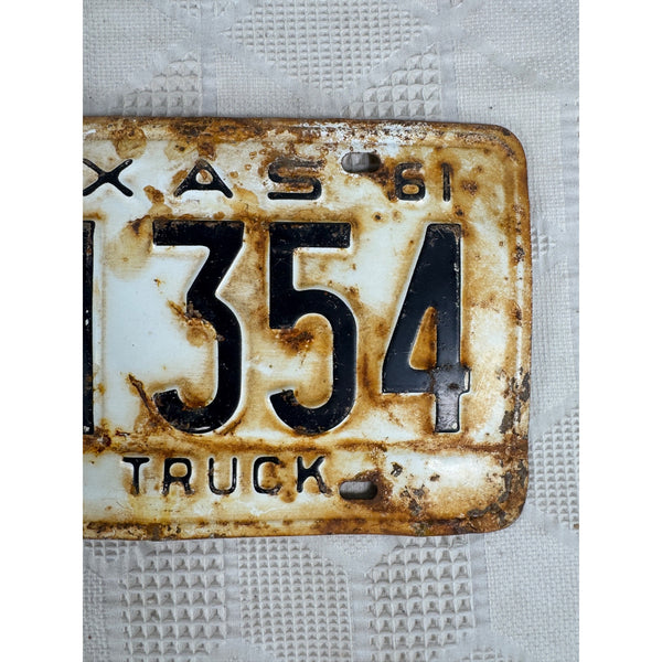 Vintage 1961 Texas Farm Truck License Plate 8J 1354 White Black Embossed Text