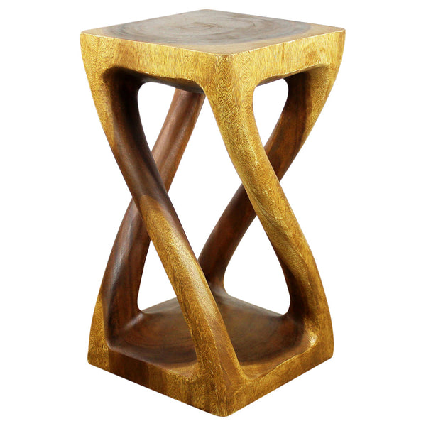 Wood Vine Twist Stool Accent Table 12 in x 22 in H Oak Oil side and top view