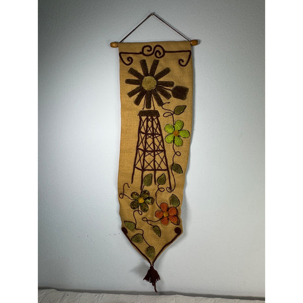 Handcrafted Burlap Yarn Wall Hanging w Windmill Floral Design 1970s Vintage