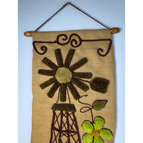 Handcrafted Burlap Yarn Wall Hanging w Windmill Floral Design 1970s Vintage