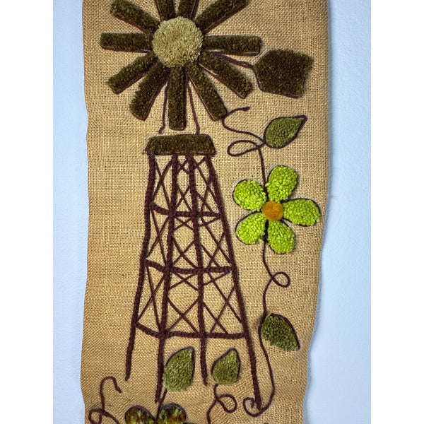 Handcrafted Burlap Yarn Wall Hanging w Windmill Floral Design 1970s Vintage