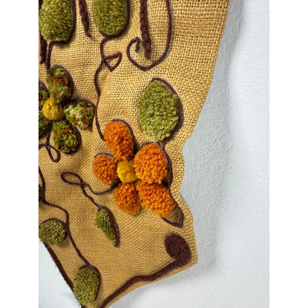 Handcrafted Burlap Yarn Wall Hanging w Windmill Floral Design 1970s Vintage