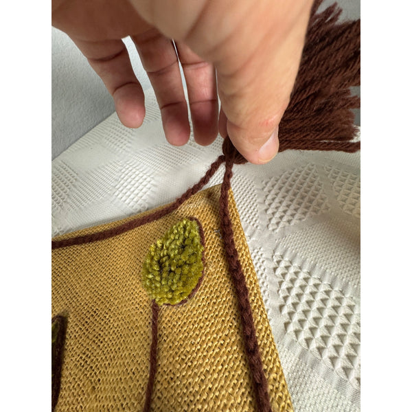 Handcrafted Burlap Yarn Wall Hanging w Windmill Floral Design 1970s Vintage