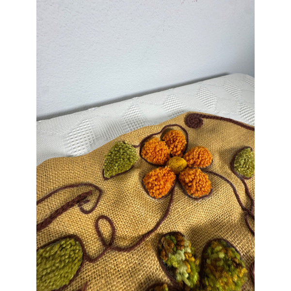Handcrafted Burlap Yarn Wall Hanging w Windmill Floral Design 1970s Vintage