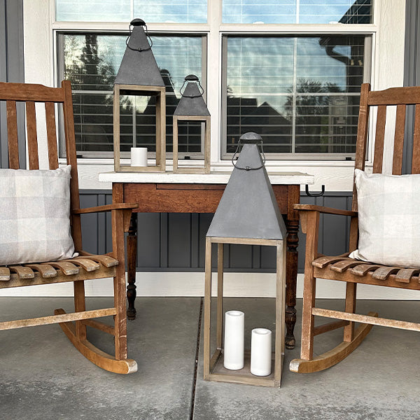 Myra Oversized Floor Lanterns displayed on porch