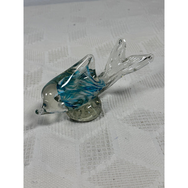 Handcrafted Glass Fish Figurine Blue and White Swirls Murano Style Glass Figure
