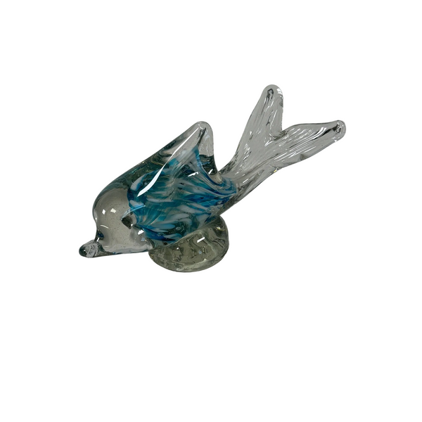 Handcrafted Glass Fish Figurine Blue and White Swirls Murano Style Glass Figure