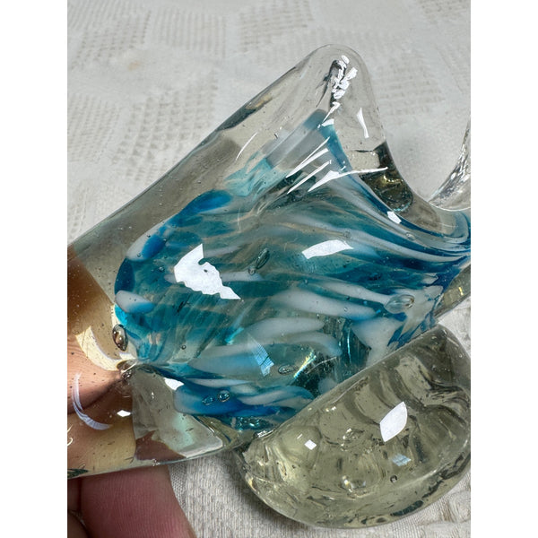Handcrafted Glass Fish Figurine Blue and White Swirls Murano Style Glass Figure