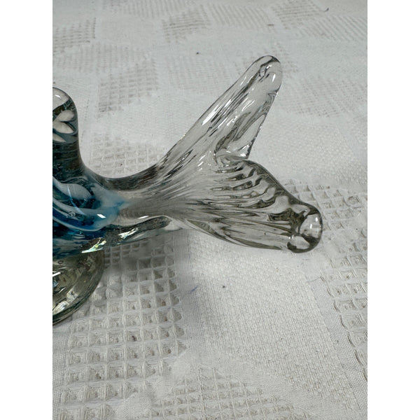 Handcrafted Glass Fish Figurine Blue and White Swirls Murano Style Glass Figure