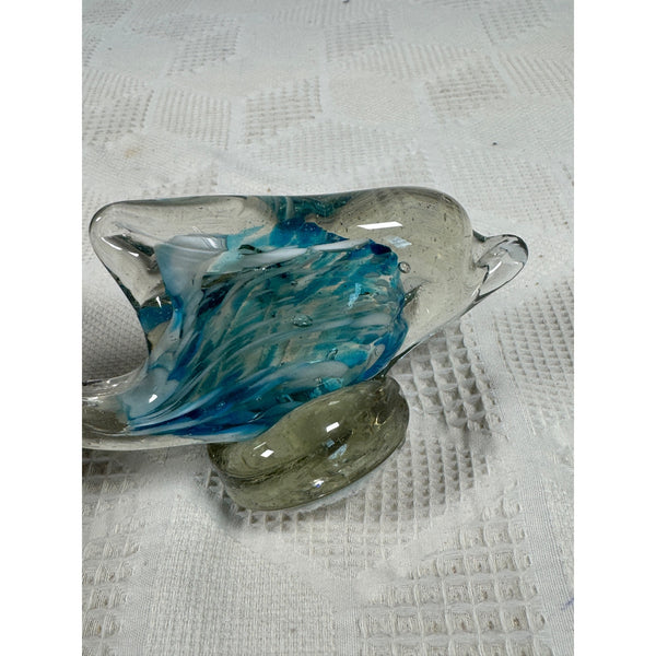 Handcrafted Glass Fish Figurine Blue and White Swirls Murano Style Glass Figure