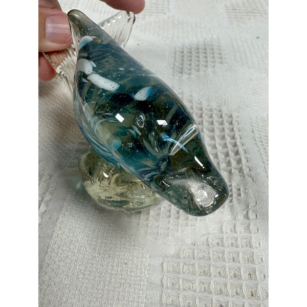 Handcrafted Glass Fish Figurine Blue and White Swirls Murano Style Glass Figure