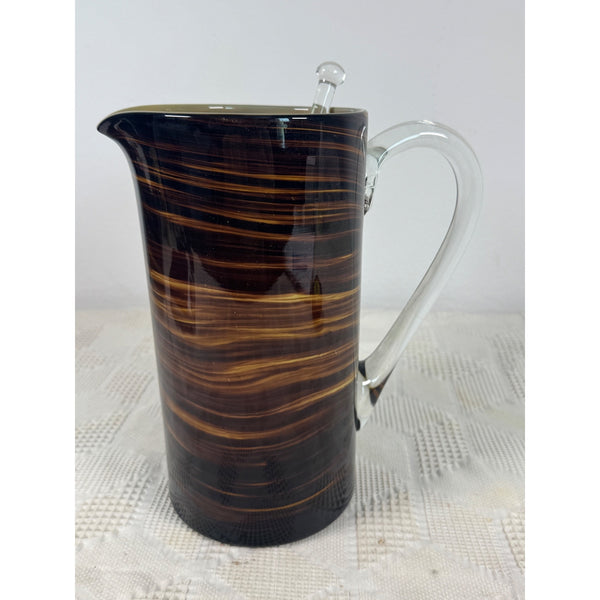 Handblown Glass Tortoise Shell Pitcher w Swirled Amber Brown Pattern And Stirrer