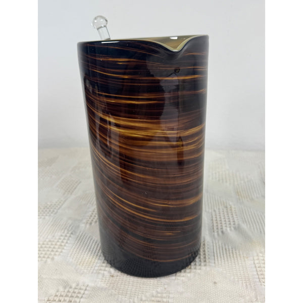 Handblown Glass Tortoise Shell Pitcher w Swirled Amber Brown Pattern And Stirrer