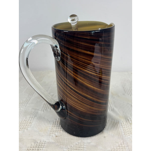 Handblown Glass Tortoise Shell Pitcher w Swirled Amber Brown Pattern And Stirrer