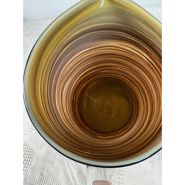 Handblown Glass Tortoise Shell Pitcher w Swirled Amber Brown Pattern And Stirrer