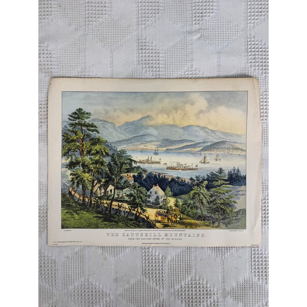 The Catskill Mountains Lithograph By Currier and Ives Donald Art Co Vintage. An antique color print titled 'The Satinelle Mountains' showing a scenic landscape with mountains, water, ships, trees, and buildings, displayed on a textured white fabric background.