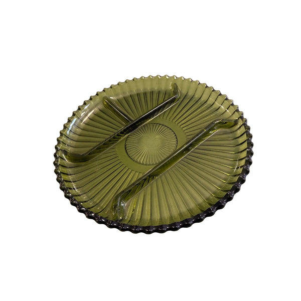 Vintage Indiana Glass Divided Serving Relish Plate Ribbed Detail Mid Century. Green glass dish with cutlery on a light gray surface