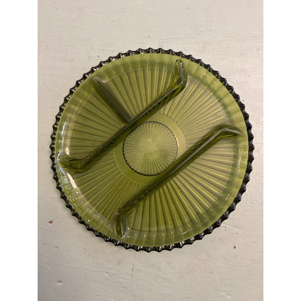 Vintage Indiana Glass Divided Serving Relish Plate Ribbed Detail Mid Century
