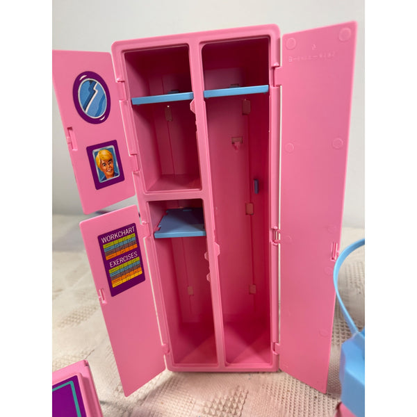 1984 Barbie Workout Center Pink Locker Bike Bench Weights Towel Partial Set