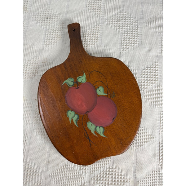 Vintage Hand Painted Wooden Cutting Board w Red Apple Design Rustic Kitchenware