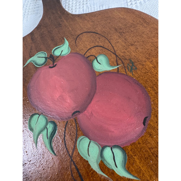 Vintage Hand Painted Wooden Cutting Board w Red Apple Design Rustic Kitchenware