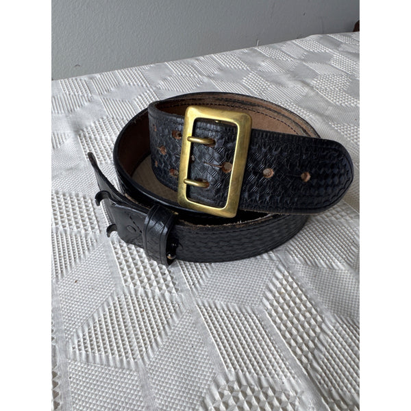 Vintage Aker Black Duty Belt w Brass Buckle Size 42 Tooled Leather Gun Belt