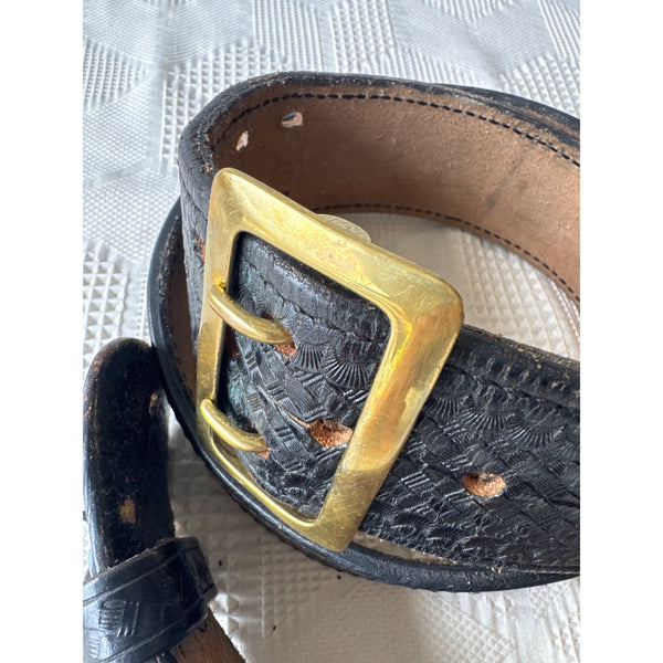 Vintage Aker Black Duty Belt w Brass Buckle Size 42 Tooled Leather Gun Belt