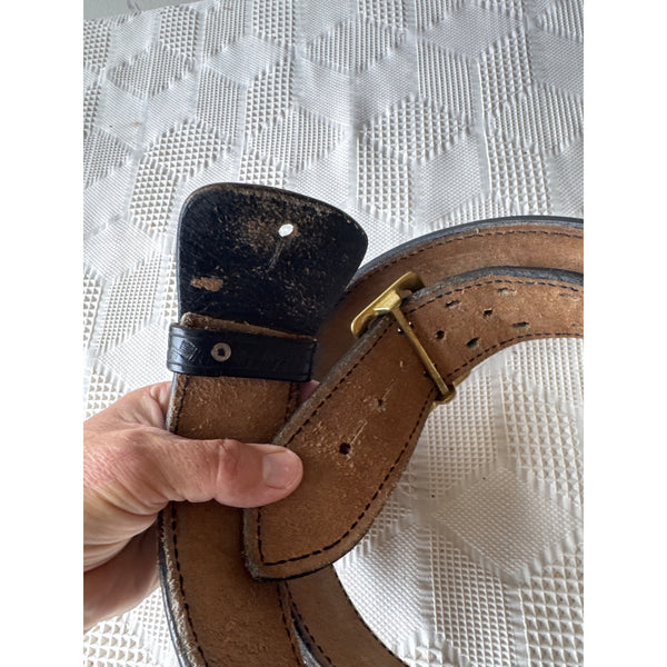 Vintage Aker Black Duty Belt w Brass Buckle Size 42 Tooled Leather Gun Belt
