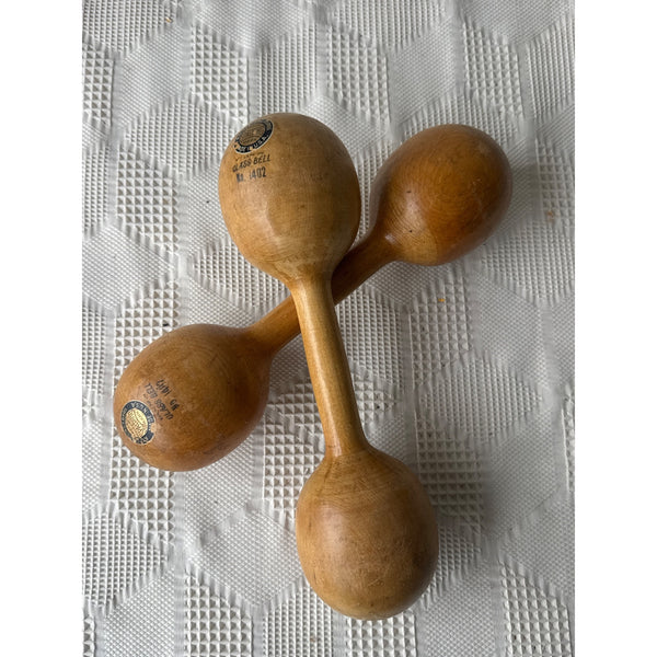Antique Spalding Wooden Dumbbells No1402 Pair Classic Fitness Collectible USA