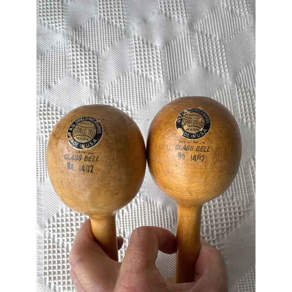 Antique Spalding Wooden Dumbbells No1402 Pair Classic Fitness Collectible USA