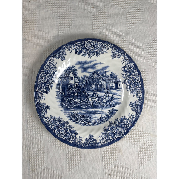 Royal Stafford Blue & White Fine Earthenware Plate w Coach Scene Made In England