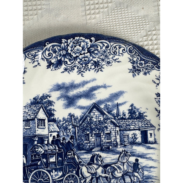 Royal Stafford Blue & White Fine Earthenware Plate w Coach Scene Made In England