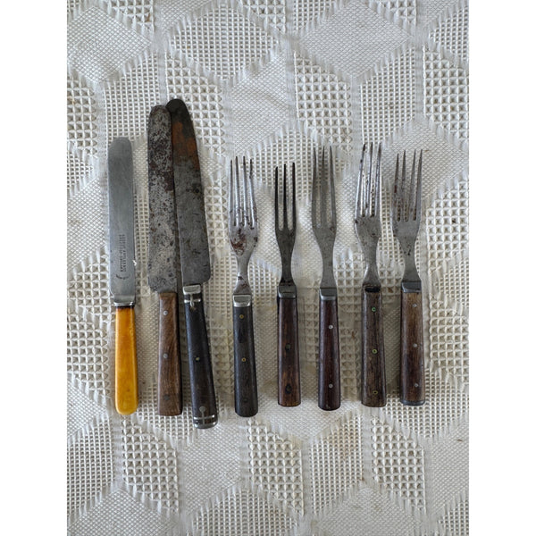 Set of 8 Antique Silverware with Wooden Handles and Steel Blades Forks 1800s