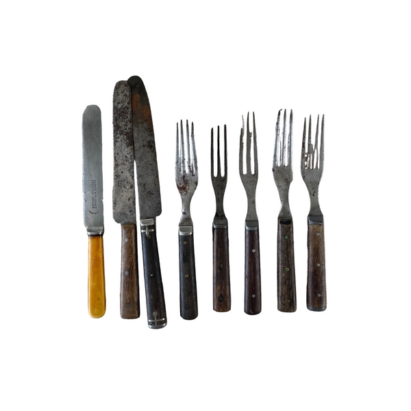 Set of 8 Antique Silverware with Wooden Handles and Steel Blades Forks 1800s