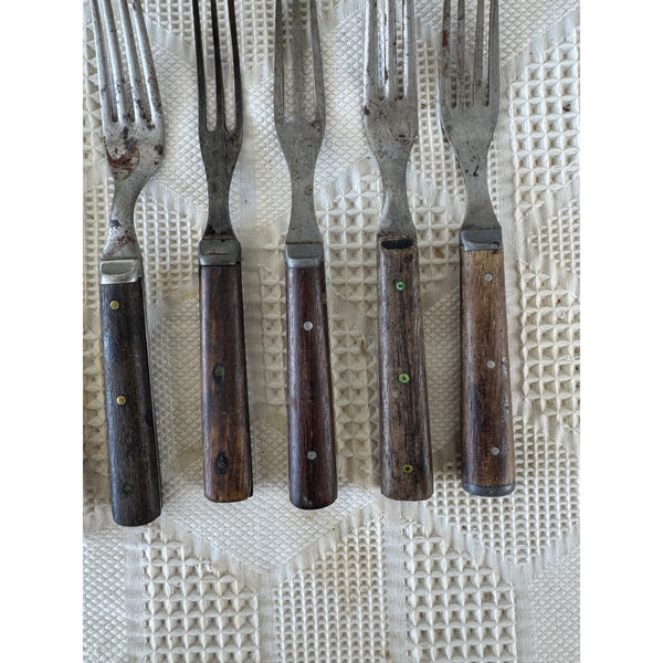 Set of 8 Antique Silverware with Wooden Handles and Steel Blades Forks 1800s