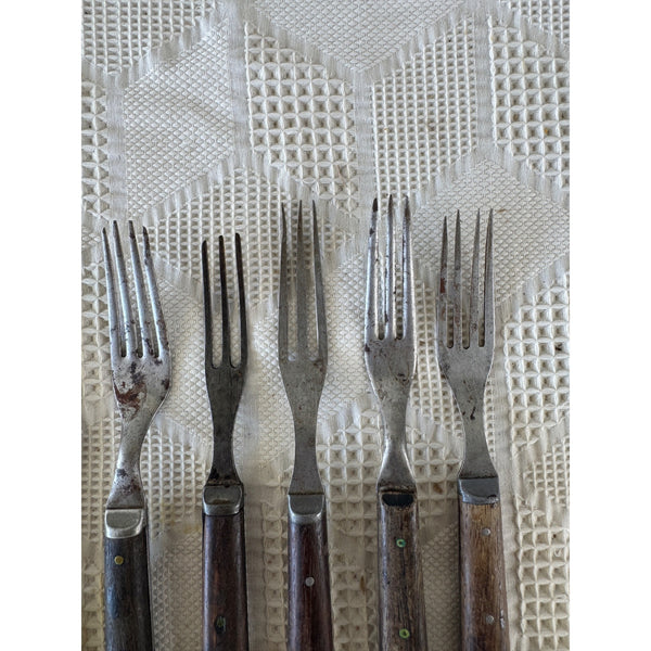 Set of 8 Antique Silverware with Wooden Handles and Steel Blades Forks 1800s