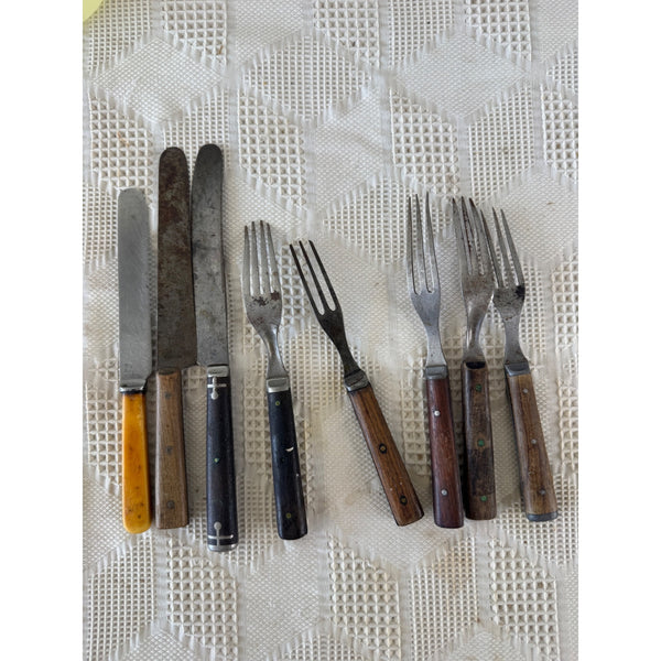 Set of 8 Antique Silverware with Wooden Handles and Steel Blades Forks 1800s