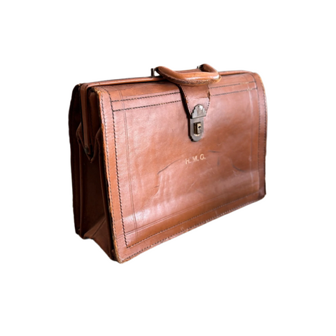 Antique Leather Briefcase or Doctors Bag Brown With Art Deco Latch and Monogram